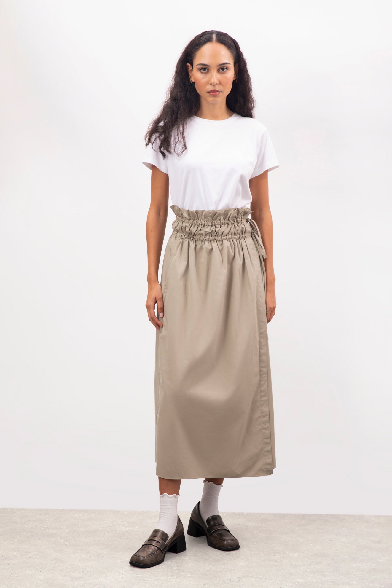Beige double cinch side tie wrap skirt | Glassworks London