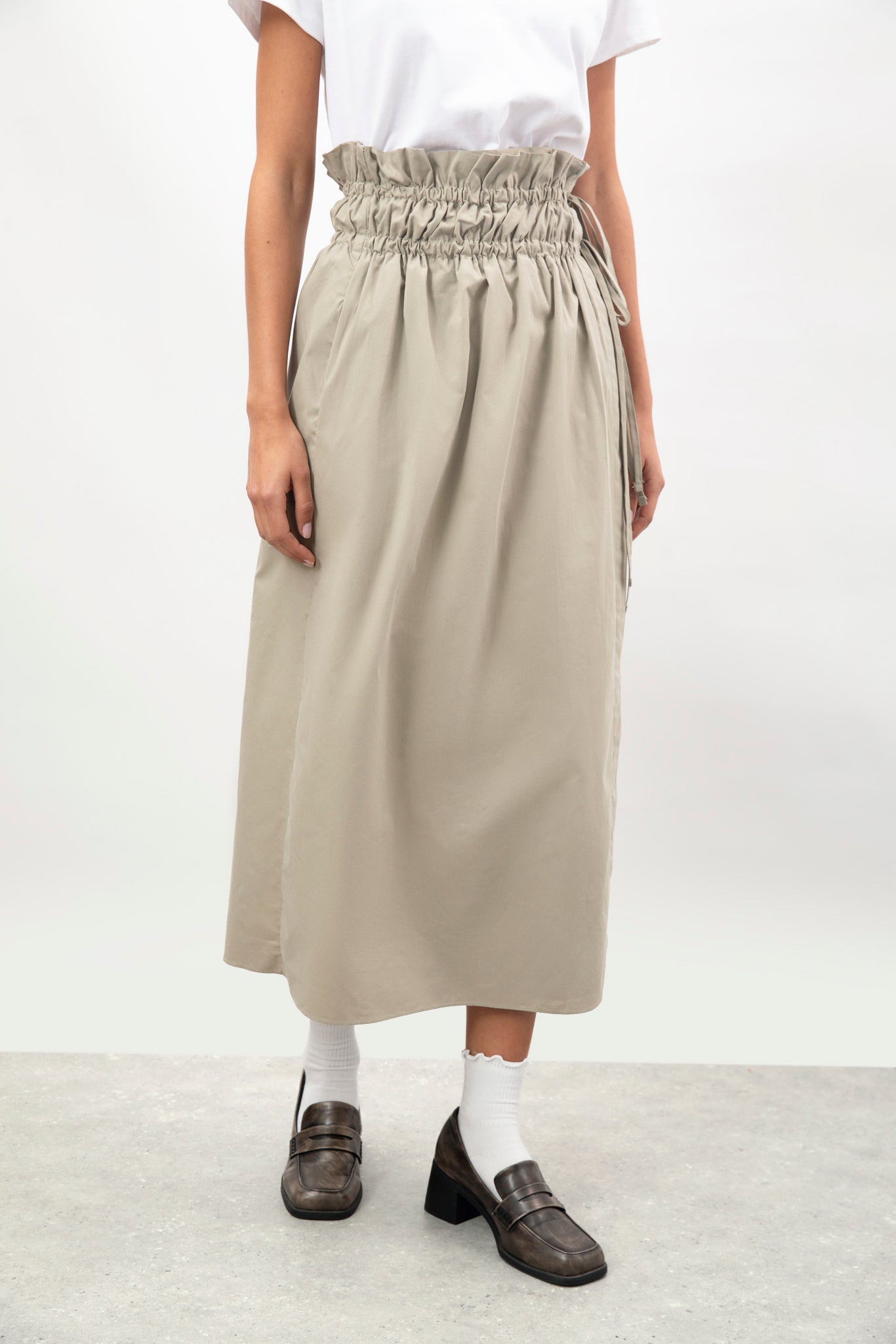 Beige double cinch side tie wrap skirt | Glassworks London