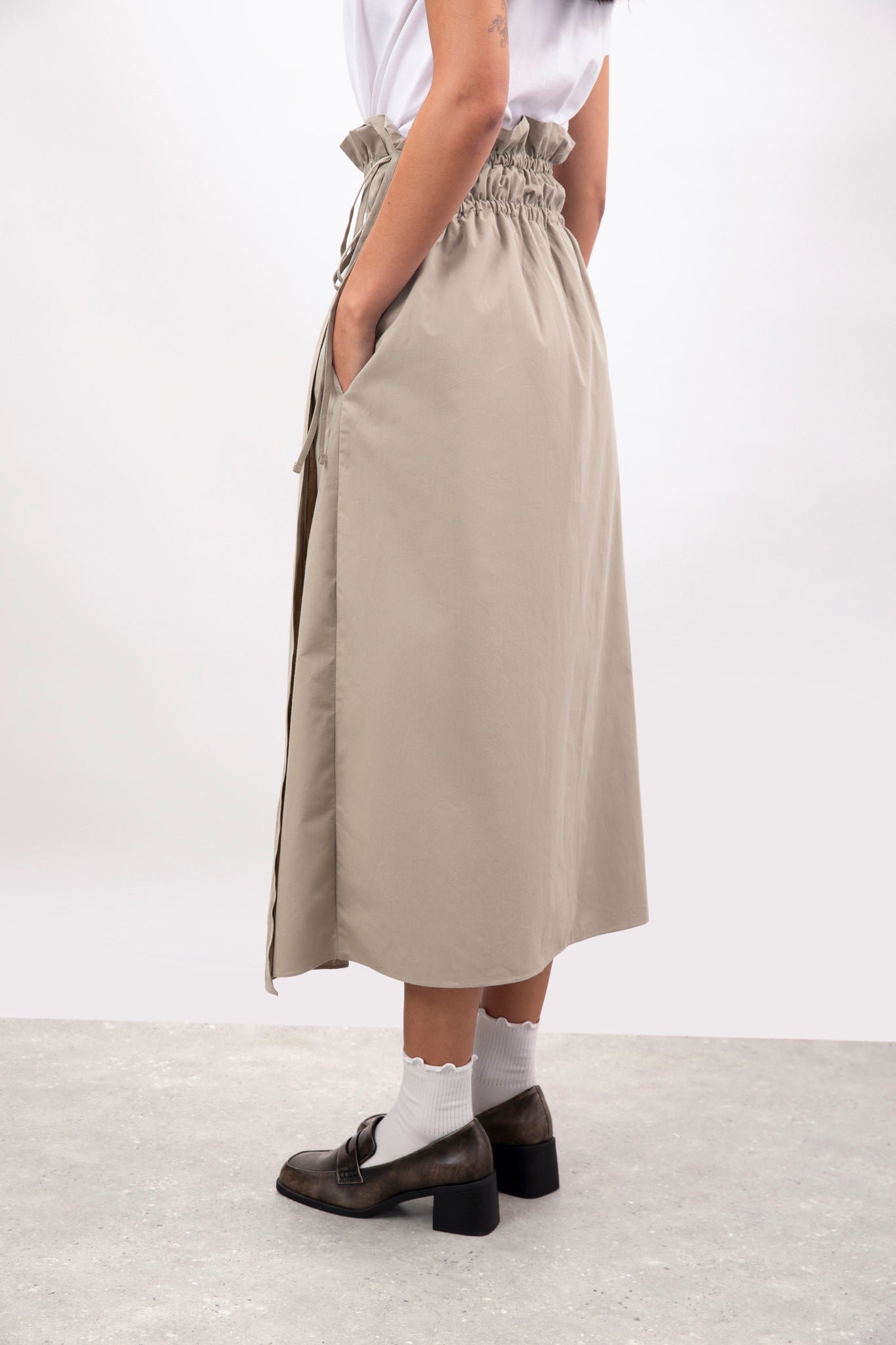 Beige double cinch side tie wrap skirt | Glassworks London