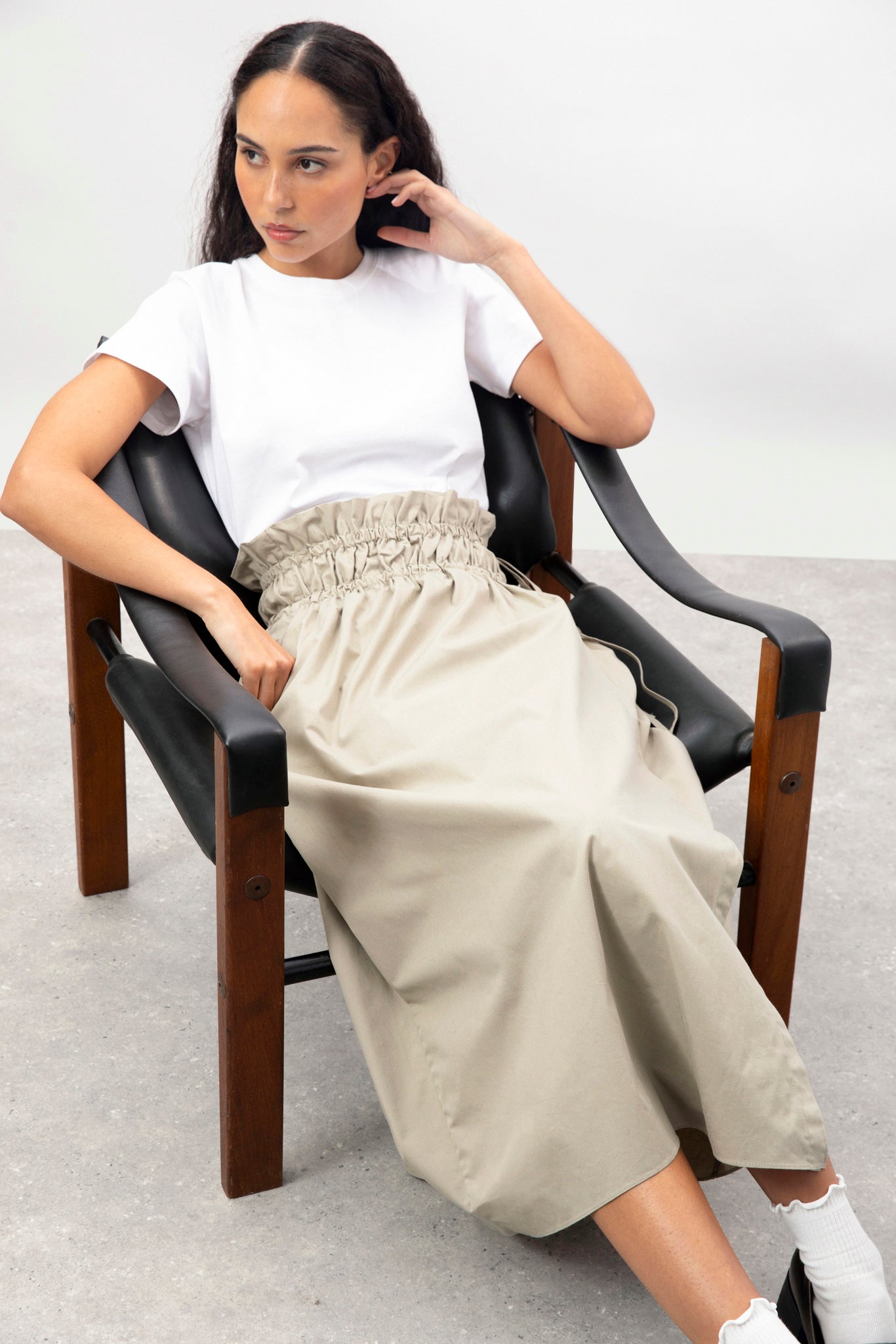 Beige double cinch side tie wrap skirt | Glassworks London