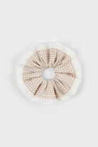 Beige gingham white eyelet trim scrunchie_1