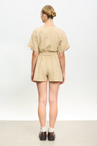 Beige linen blend button front tie waist romper_2