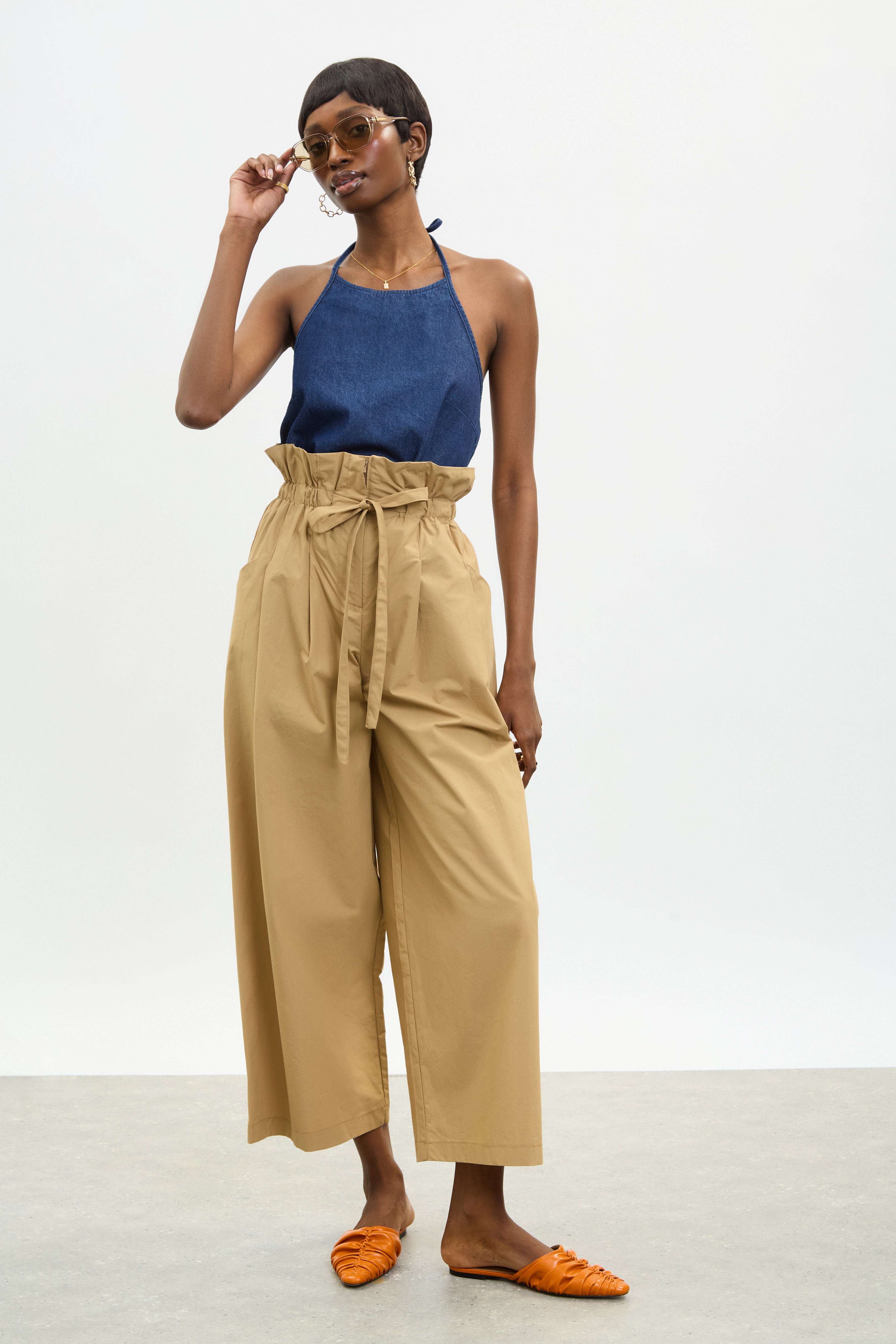Beige pure cotton paper bag waist trousers_4
