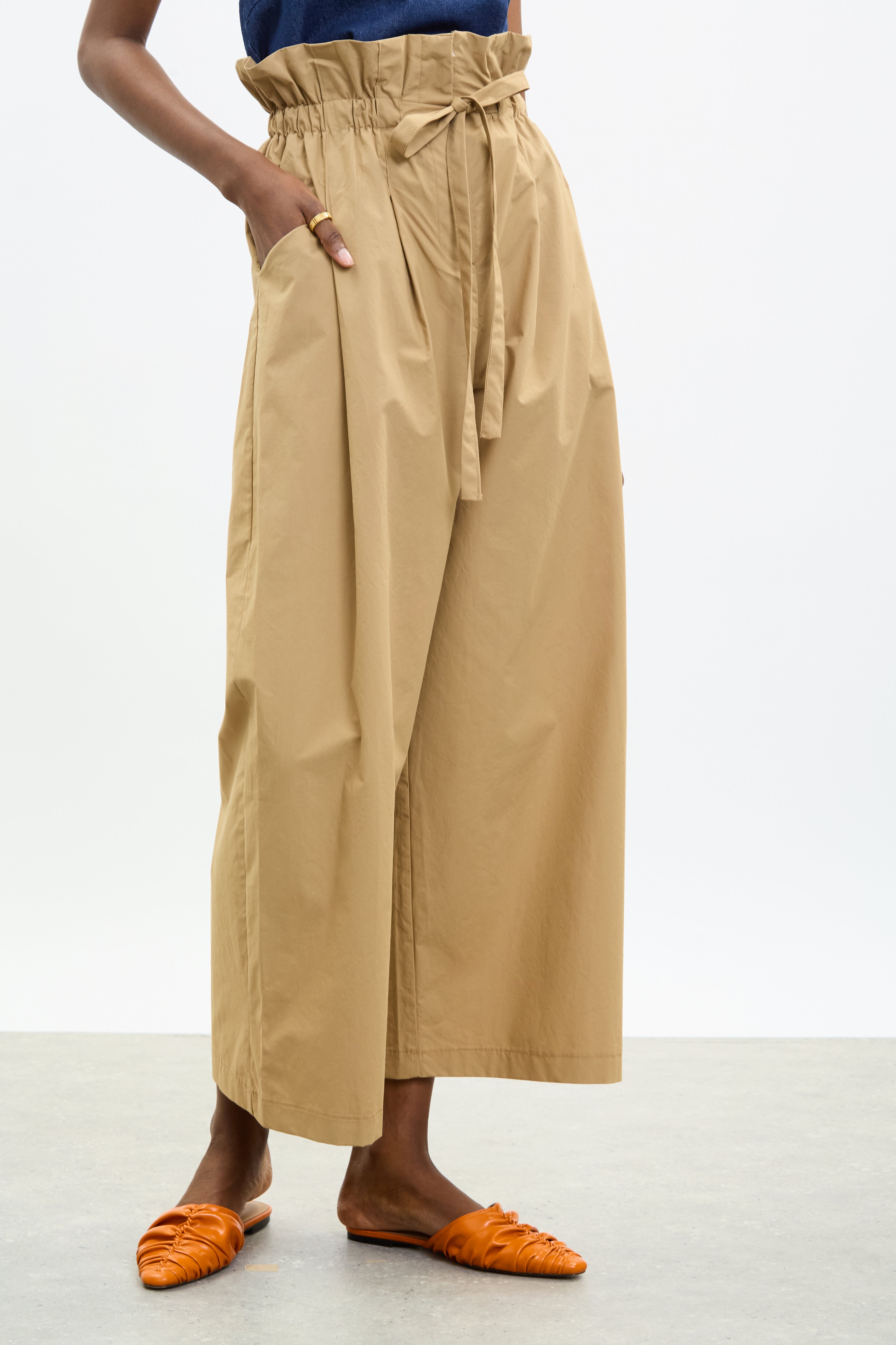 Beige pure cotton paper bag waist trousers_1