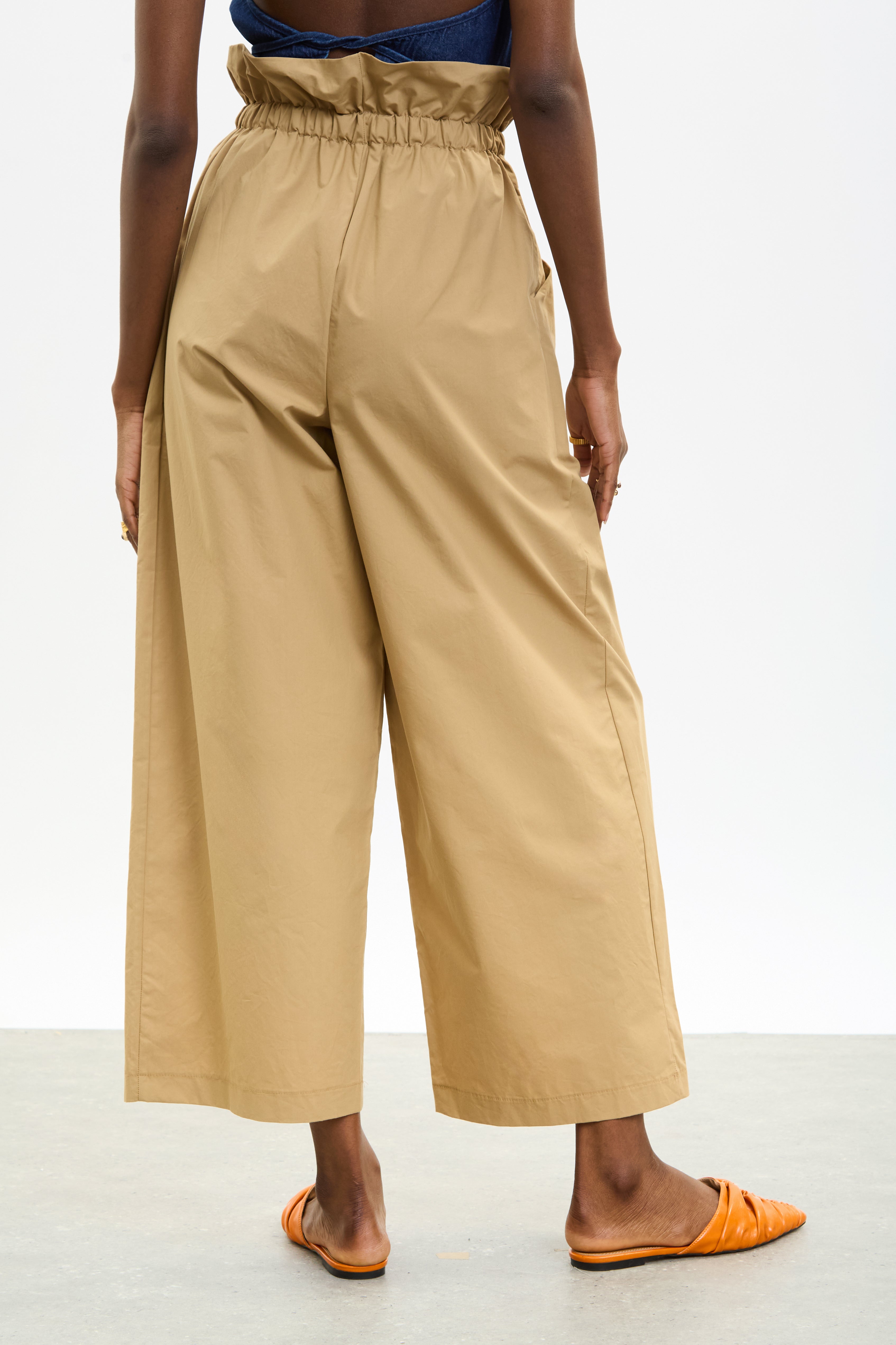 Beige pure cotton paper bag waist trousers_2