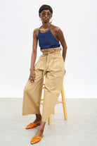 Beige pure cotton paper bag waist trousers_5