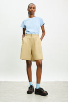 Beige pure cotton vegan leather banded shorts_4