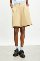 Beige pure cotton vegan leather banded shorts_1
