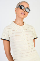 Beige textured knit button front tee_1