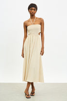Beige textured stripe ruched peek side dress_1