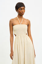 Beige textured stripe ruched peek side dress_3