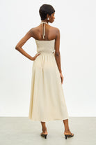 Beige textured stripe ruched peek side dress_2