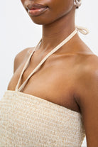 Beige textured stripe ruched peek side dress_4