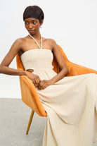 Beige textured stripe ruched peek side dress_5