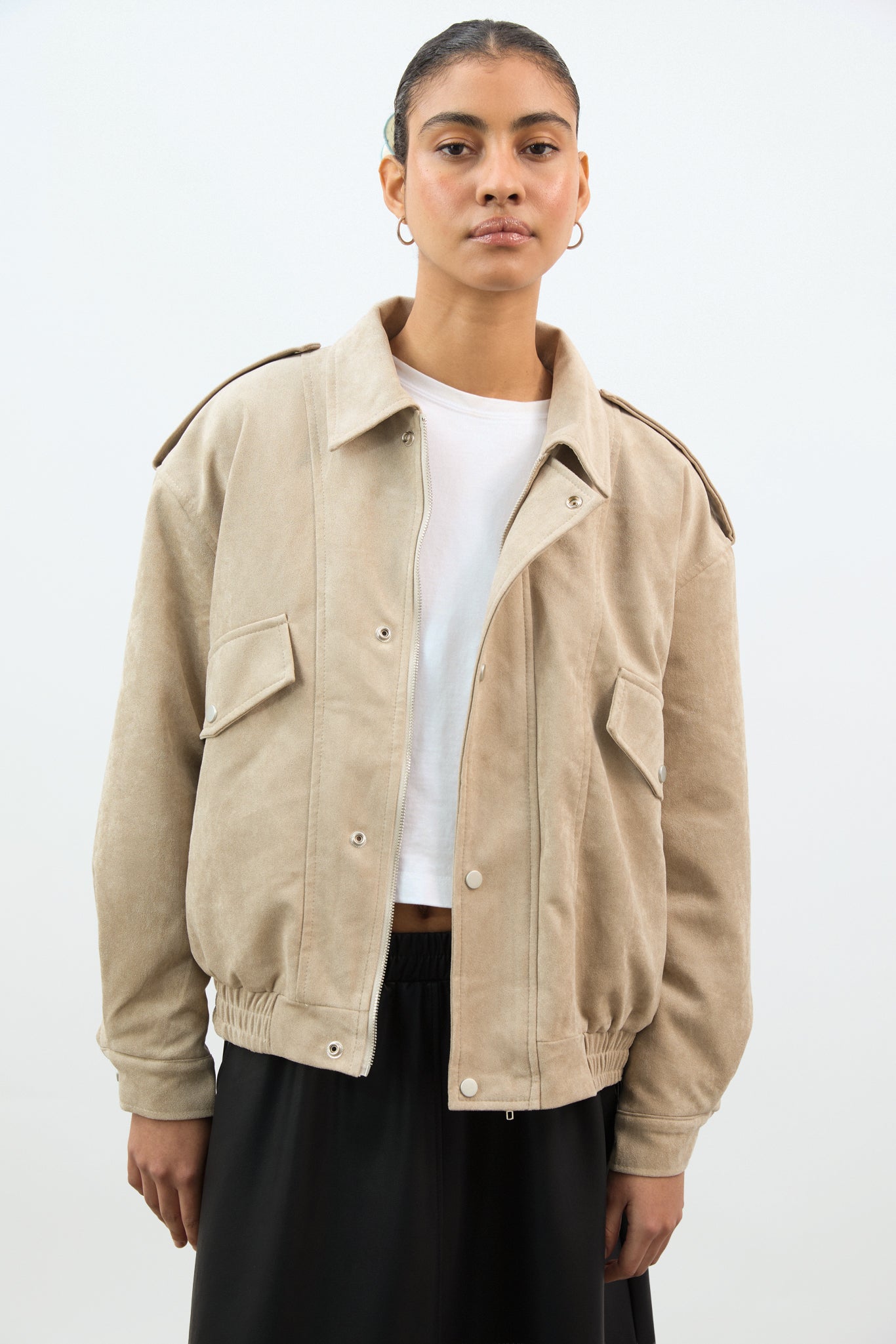 Beige vegan suede collared bomber jacket_1