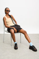 Beige wide strap cross back knit tank_5