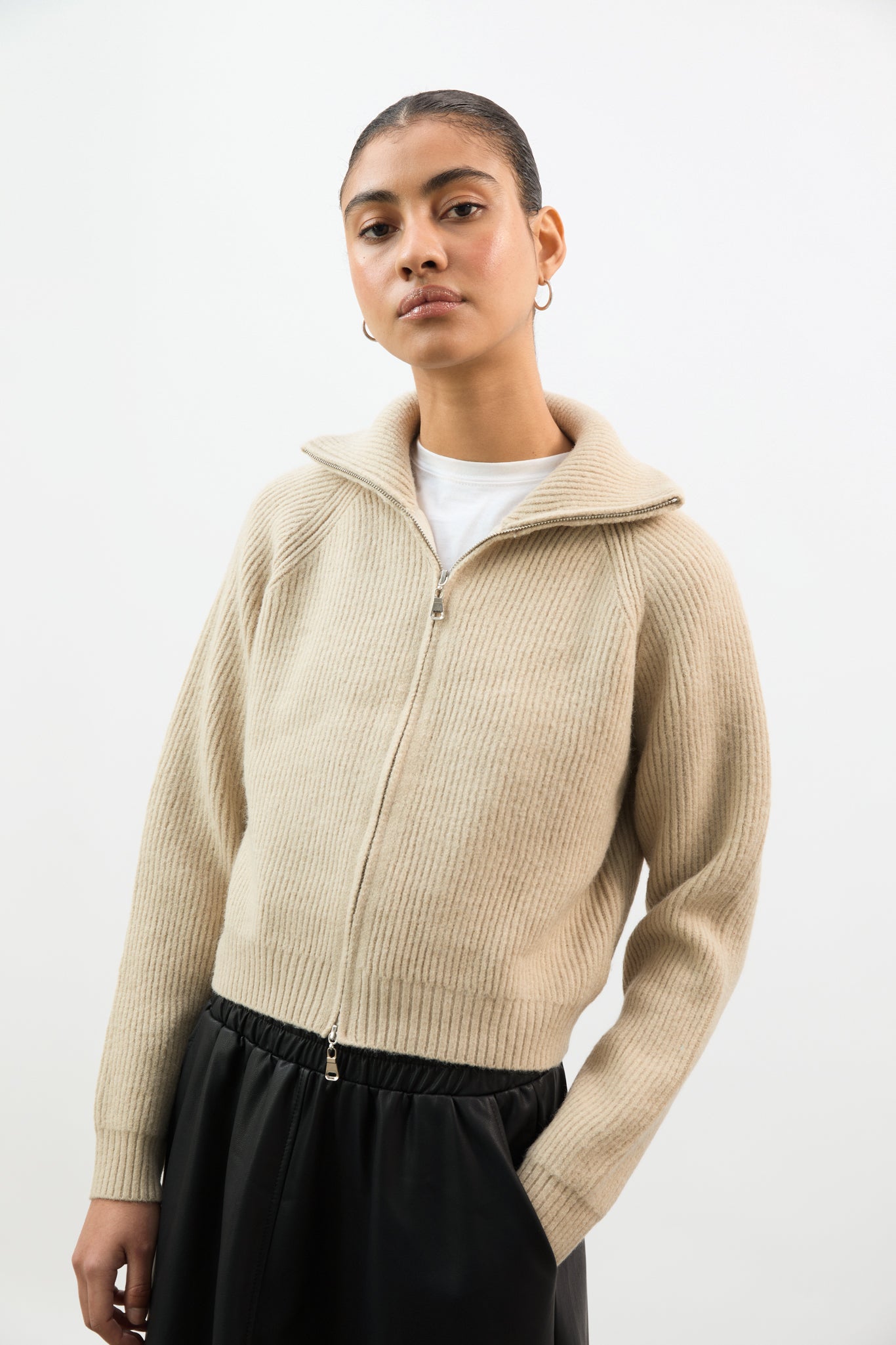 Beige wool blend ribbed wide collar cardigan_1