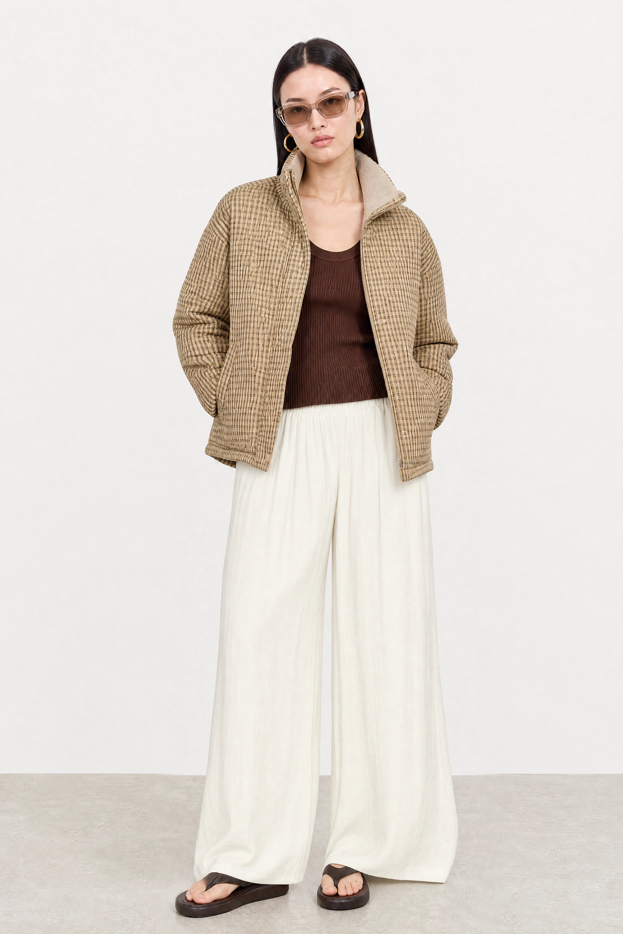 Beige checked reversible teddy fleece jacket_6