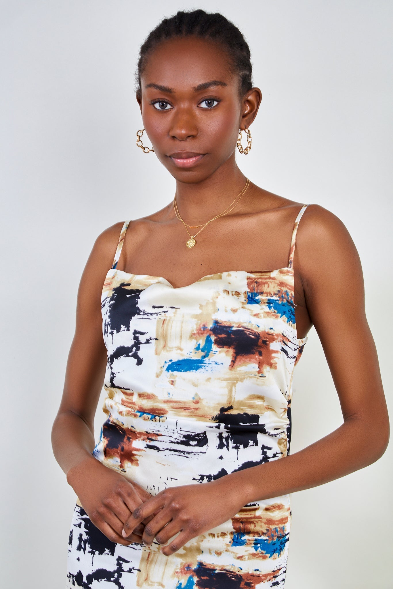 Beige abstract print silky slip dress_3