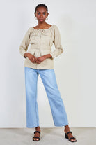 Beige belted off shoulder shirt jacket_2