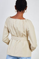 Beige belted off shoulder shirt jacket_3