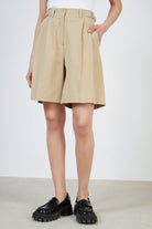 Beige cinch waist tailored shorts_1