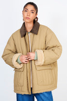 Beige lined quilted corduroy collar coat_1
