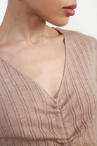 Beige ribbed pull front knit mini dress_5