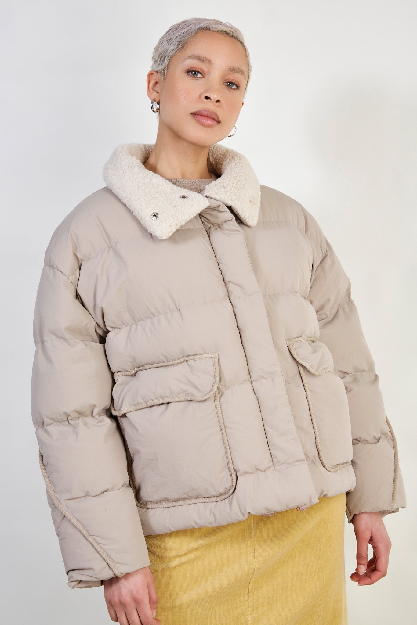 Beige teddy collar puffer jacket_1