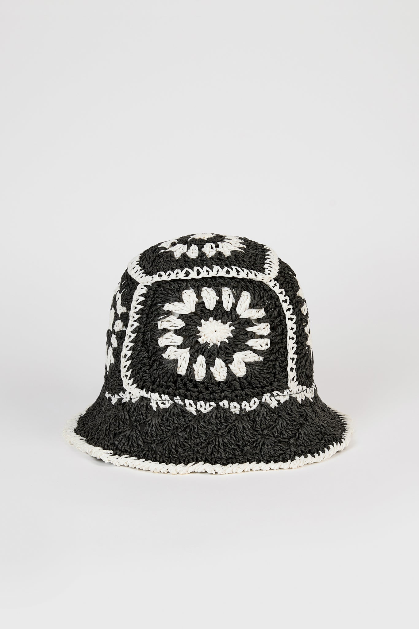 Black and ivory crochet straw bucket hat_1