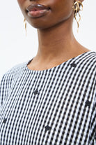 Black and ivory gingham embroidered flower dress_4