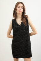 Black and ivory polka dot ruffle trim tie back mini dress_3