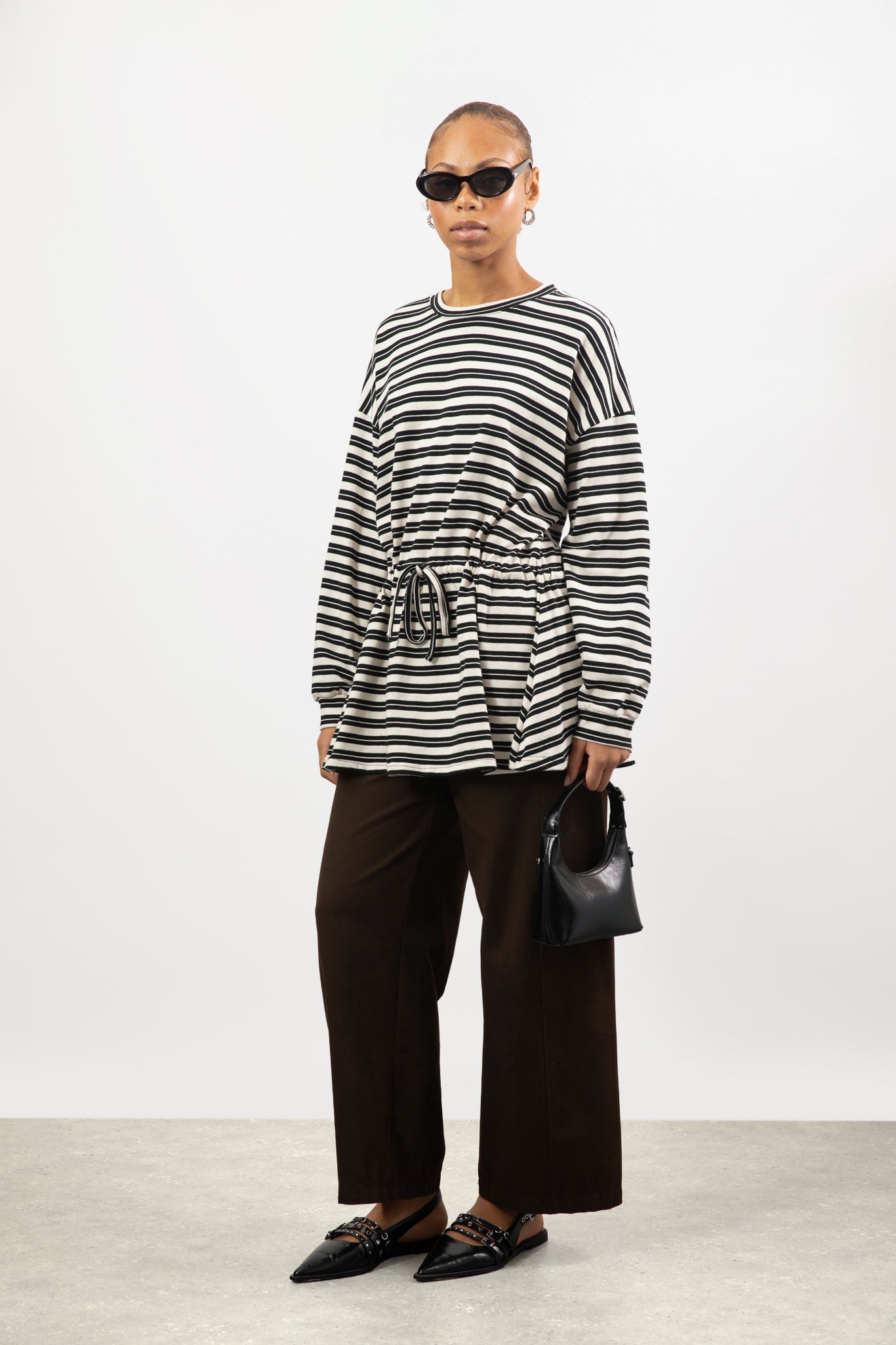 Black and ivory stripe drawstring waist long sleeve top_4