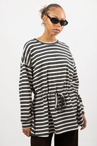 Black and ivory stripe drawstring waist long sleeve top_1