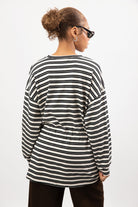 Black and ivory stripe drawstring waist long sleeve top_2