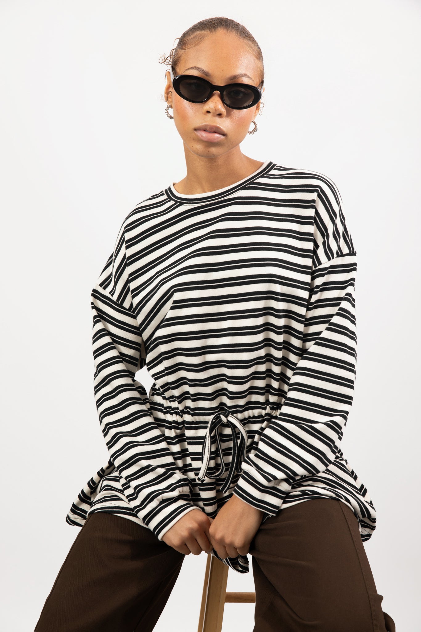 Black and ivory stripe drawstring waist long sleeve top_5