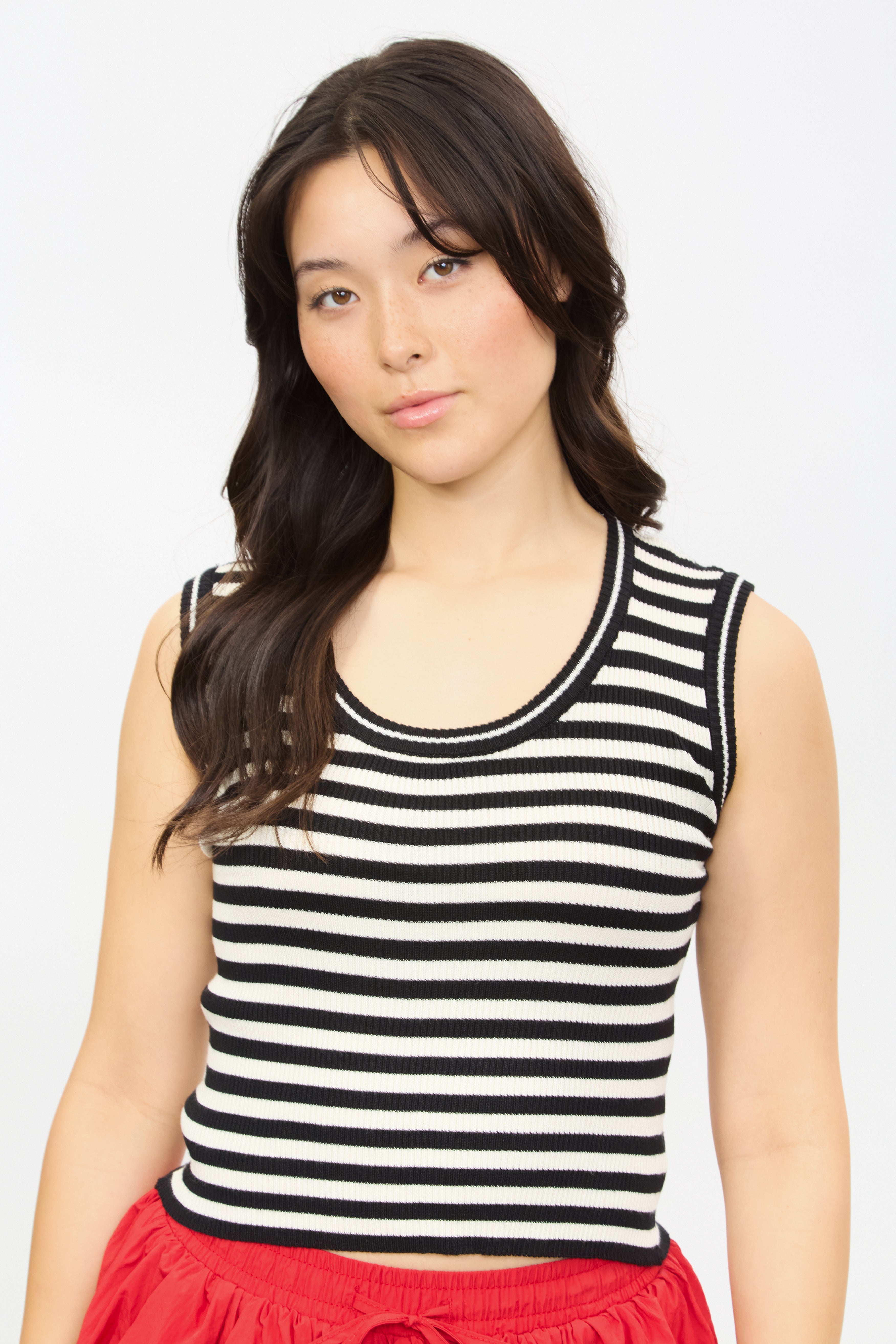 Black and ivory striped scoop neck knit tank_1