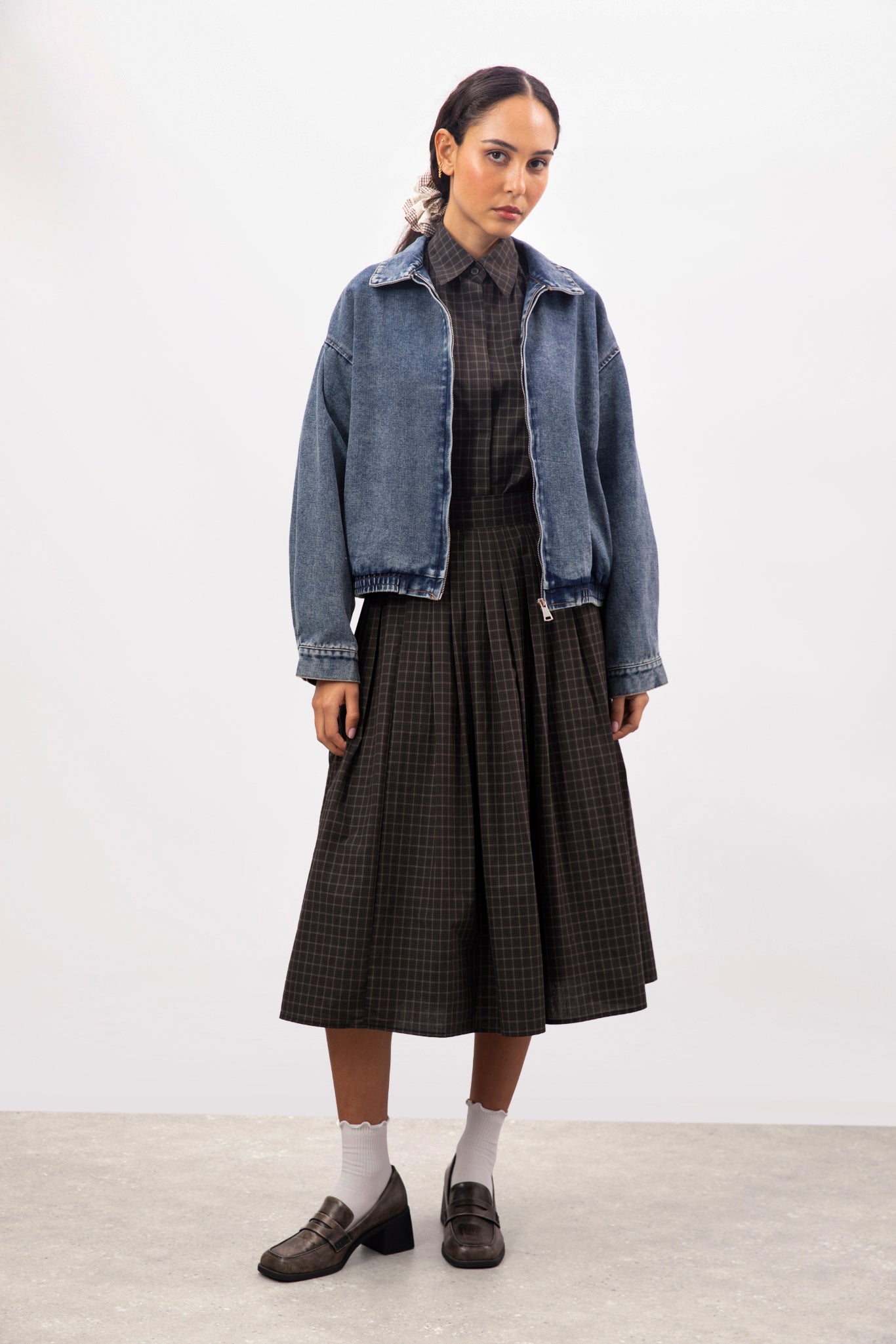 Black and white box check plaid pleated skirt_4
