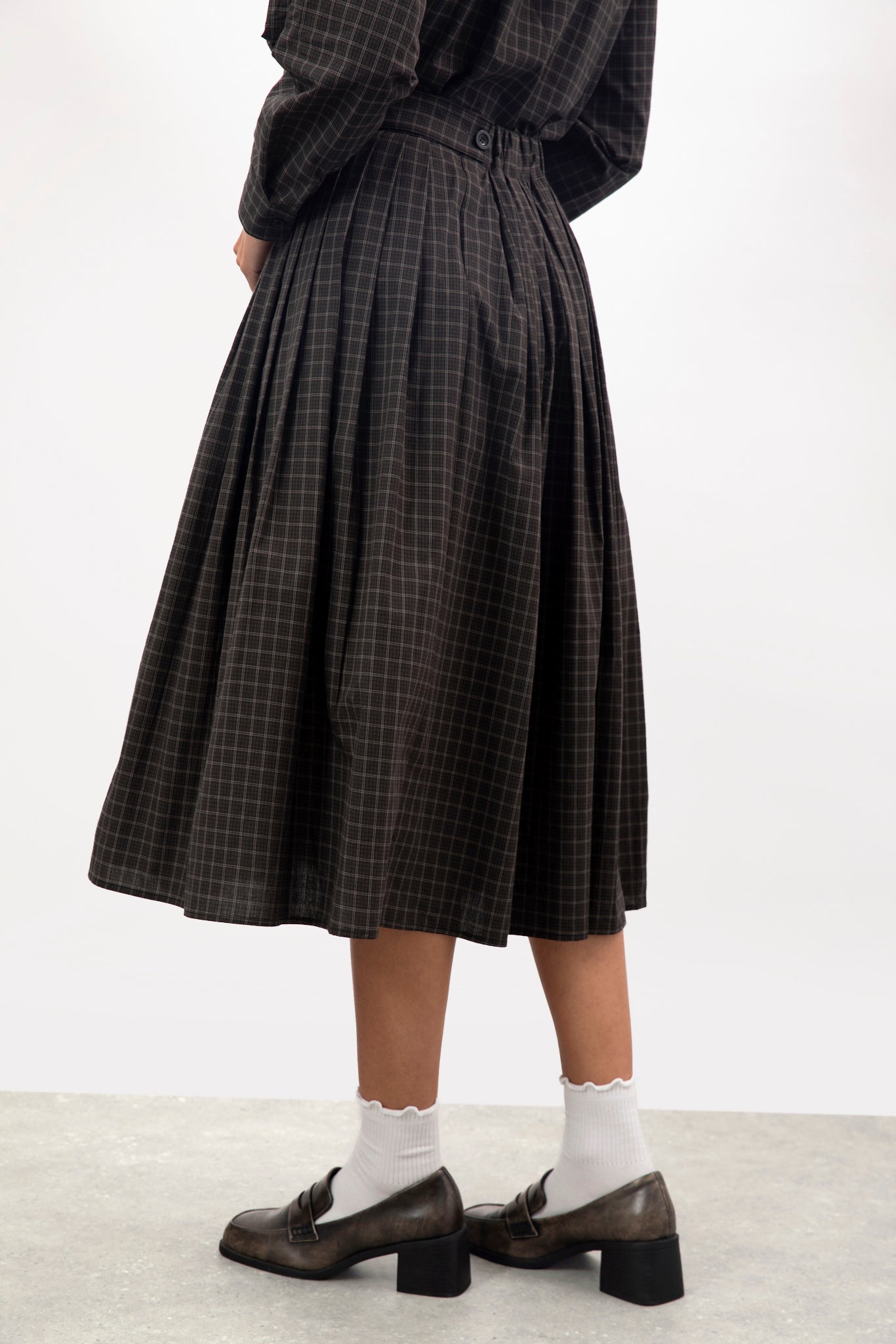 Black and white box check plaid pleated skirt_2