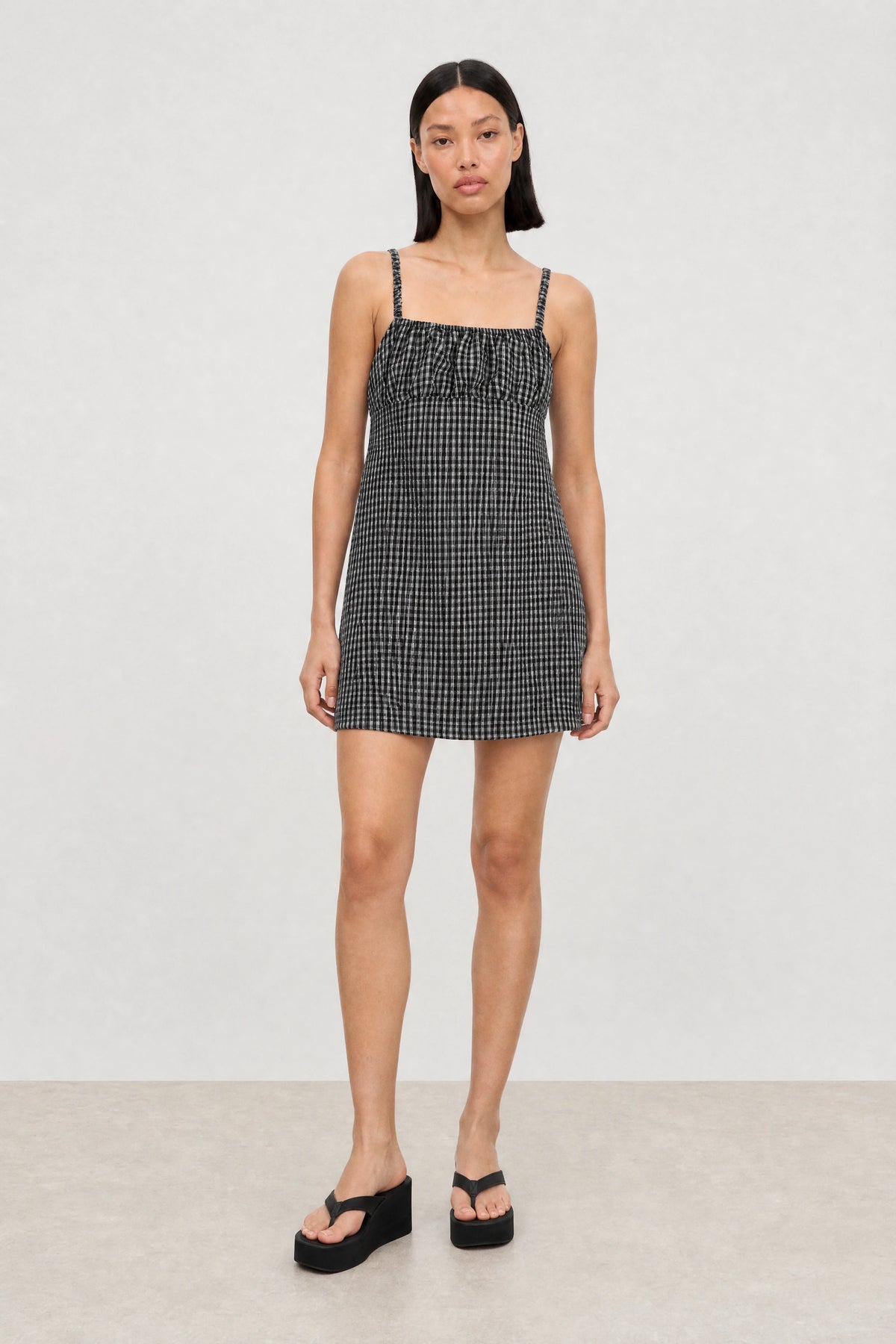 black and white check mini dress ruched thin strap side pocket Size:S | 4 US | 8 AUS/UK 51 rayon Mestiza Dress Corset Dresses Black Ladivine