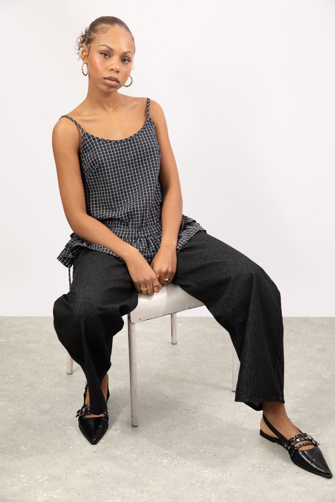 Black and white checked double layer peplum tank_6