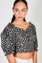 Black and white floral print puff sleeve top_1