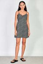 Black and white floral print ruffle trim mini dress_1