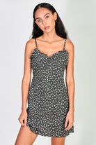 Black and white floral print ruffle trim mini dress_3