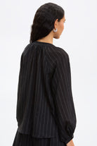 Black and white pinstripe tie neck blouse_2