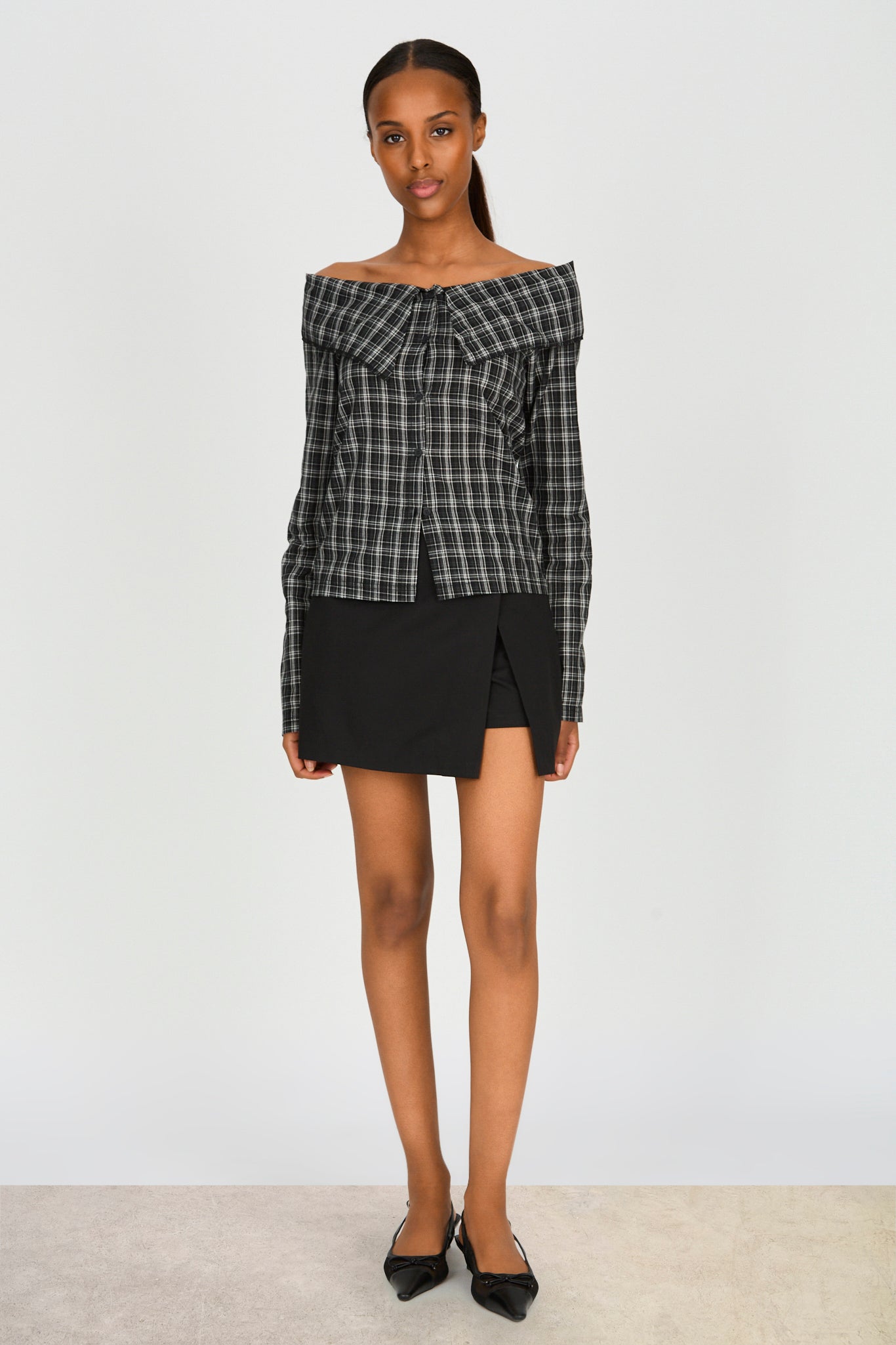 Black and white plaid large collar off shoulder shirt blouse