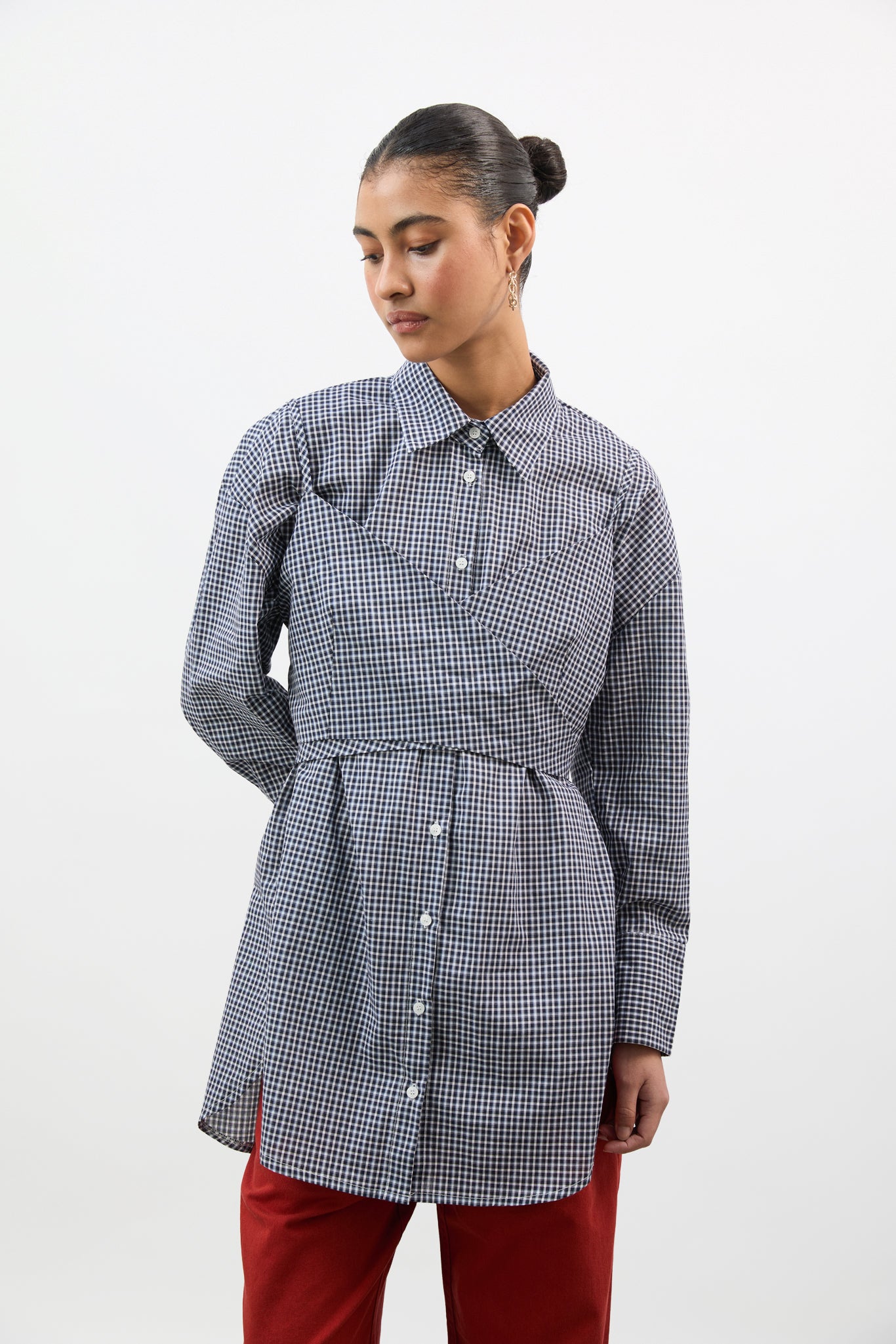Black and white plaid layered shirt dress_1