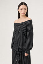 Black and white vertical striped draped neck shirt blouse_1
