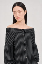Black and white vertical striped draped neck shirt blouse_3