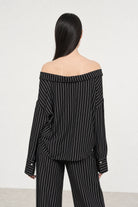Black and white vertical striped draped neck shirt blouse_2